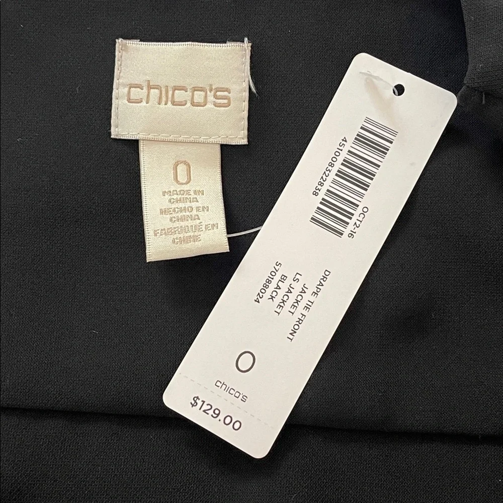 Chico’s Black Drape Tie Front Jacket – Size 0 – New With Tags